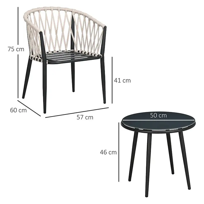 Outsunny Loungemöbel-Set mit Tisch - 3 -tlg., Legierter Stahl, Polypropylenseil, Polyester, Einscheibensicherheitsglas, 2x Stühle, 1x Tisch, 2x Sitzkissen, 2x Rückenkissen, 1x Anleitung, Grau - Schwarzer Metallstuhl mit beiger Seillehne und runder dunkelgrauer Tisch, Maße angegeben.