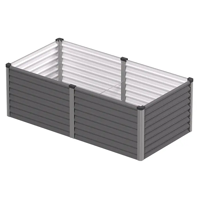 Vitavia Hochbeet Meta 630 - 187,7 x 96,2 x 63 cm, Zincalume®, Granit/Silber - Rechteckiges Hochbeet aus dunkelgrauem Wellblech mit silberner Innenseite und hellgrauen Pfosten.