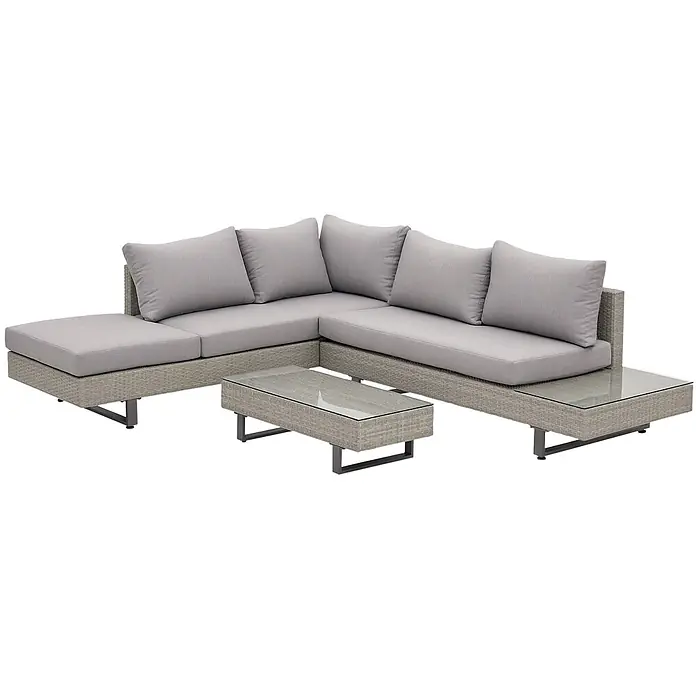 Outsunny Loungemöbel-Set mit Tisch - 3 -tlg., Legierter Stahl, PE-Rattan, Polyester, 1x Drei-Personen-Sofa, 1x Doppel-Sofa, 1x Teetisch, 3x Sitzkissen, 5x Rückenkissen, 1x Anleitung, Grau - Graues Geflecht-Lounge-Set in L-Form mit hellgrauen Kissen, Glas-Couchtisch und integriertem Glas-Beistelltisch.