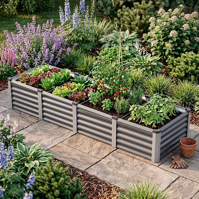 Vitavia Hochbeet Meta In&Out 401 - 245 x 65 x 40 cm, Zincalume®, Granit/Silber - Modulares Hochbeet aus grauem Wellblech, gefüllt mit Gemüse und Kräutern, auf einer Terrasse in einem üppigen Garten.