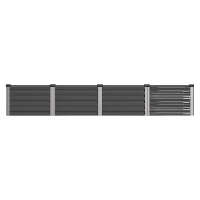 Vitavia Hochbeet Meta In&Out 401 - 245 x 65 x 40 cm, Zincalume®, Granit/Silber - Modulare dunkelgraue gerippte Metallplatten mit hellgrauen Stützpfosten und schwarzen Kappen.