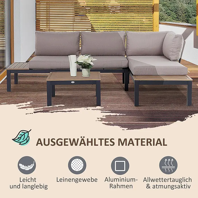 Outsunny Loungemöbel-Set mit Tisch - Aluminium, Polyester, Schaumstoff, 2x Zweisitzer Sofa, 1x Kaffeetisch, 4x Rückenkissen, 2x Sitzkissen, 1x Montageanleitung, Grau, Natur - Gartensofa mit Chaiselongue und Couchtisch, schwarzer Aluminiumrahmen, Holzlatten und graue Leinenkissen, auf einer Holzterrasse.