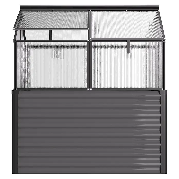 Vitavia Hochbeet mit Frühbeet-Aufsatz - 121,7 x 83,1 x 135,1 cm, Schwarz, Polycarbonat - Dunkelgraues Hochbeet aus Wellblech mit klarem, aufklappbarem Frühbeetaufsatz, eine Klappe geöffnet.