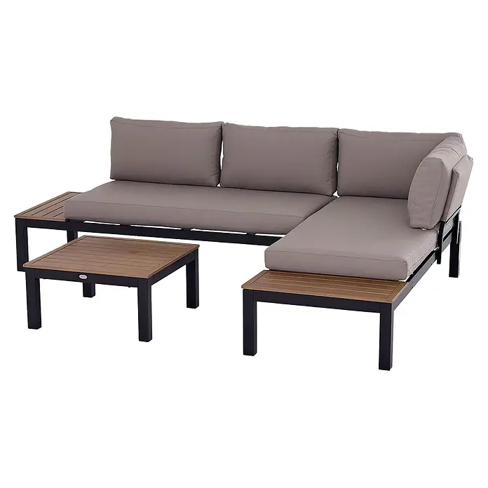 Outsunny Loungemöbel-Set mit Tisch - Aluminium, Polyester, Schaumstoff, 2x Zweisitzer Sofa, 1x Kaffeetisch, 4x Rückenkissen, 2x Sitzkissen, 1x Montageanleitung, Grau, Natur - L-förmiges Outdoor-Sofa mit schwarzem Metallrahmen, Holzlamellen und hellbraunen Kissen, dazu ein passender Couchtisch.