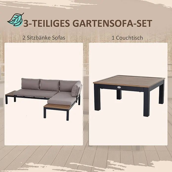 Outsunny Loungemöbel-Set mit Tisch - Aluminium, Polyester, Schaumstoff, 2x Zweisitzer Sofa, 1x Kaffeetisch, 4x Rückenkissen, 2x Sitzkissen, 1x Montageanleitung, Grau, Natur - 3-teiliges Gartensofa-Set: L-förmiges Sofa mit grauen Kissen, schwarzem Gestell, Holzlatten, passender Couchtisch.