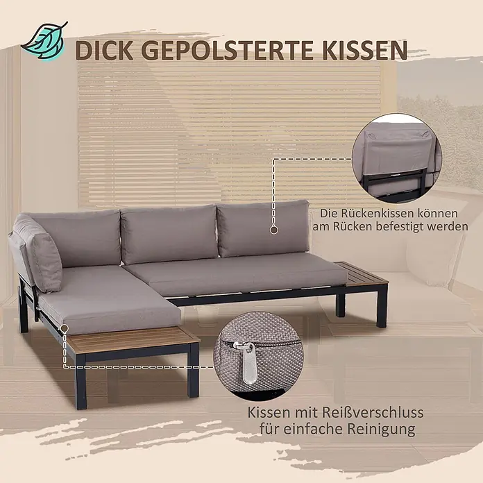 Outsunny Loungemöbel-Set mit Tisch - Aluminium, Polyester, Schaumstoff, 2x Zweisitzer Sofa, 1x Kaffeetisch, 4x Rückenkissen, 2x Sitzkissen, 1x Montageanleitung, Grau, Natur - Eine graue Outdoor-Sofa-Lounge mit dicken Kissen und Holztisch, mit Reißverschlussbezügen für leichte Reinigung.