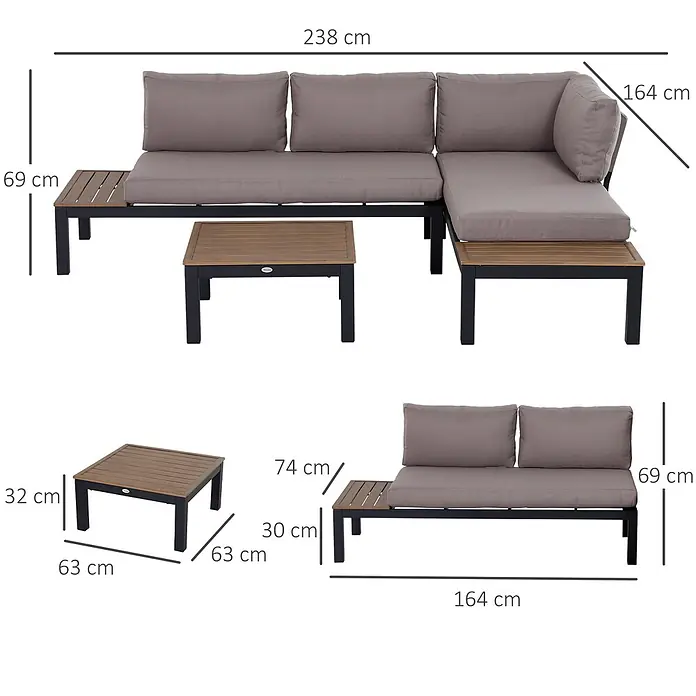 Outsunny Loungemöbel-Set mit Tisch - Aluminium, Polyester, Schaumstoff, 2x Zweisitzer Sofa, 1x Kaffeetisch, 4x Rückenkissen, 2x Sitzkissen, 1x Montageanleitung, Grau, Natur - Garten-Loungeset mit hellbraunen Kissen, schwarzem Gestell und Holztischplatten. Bestehend aus L-Sofa und Couchtisch.