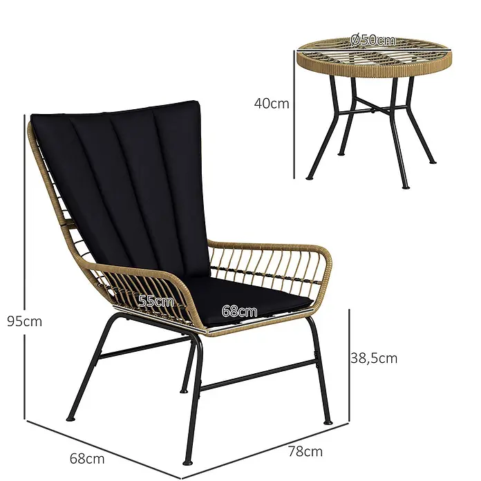 Outsunny Loungemöbel-Set mit Tisch - 3 -tlg., Stahl, PE-Ratten, Polyester, 2x Stuhl, 1x Couchtisch, 2x Sitzkissen, 2x Rückenkissen, 1x Handbuch, Schwarz - Rattan-Sessel mit schwarzen Kissen und passendem runden Tisch mit Glasplatte und schwarzen Beinen.