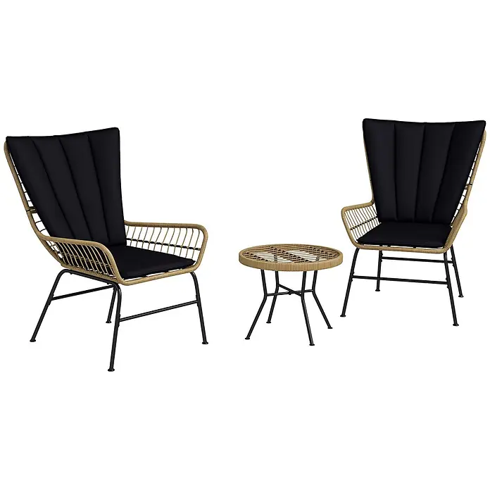 Outsunny Loungemöbel-Set mit Tisch - 3 -tlg., Stahl, PE-Ratten, Polyester, 2x Stuhl, 1x Couchtisch, 2x Sitzkissen, 2x Rückenkissen, 1x Handbuch, Schwarz - Outdoor-Lounge-Set mit zwei braunen Korbstühlen mit schwarzen Kissen und einem kleinen runden Beistelltisch, alle mit schwarzen Metallbeinen.