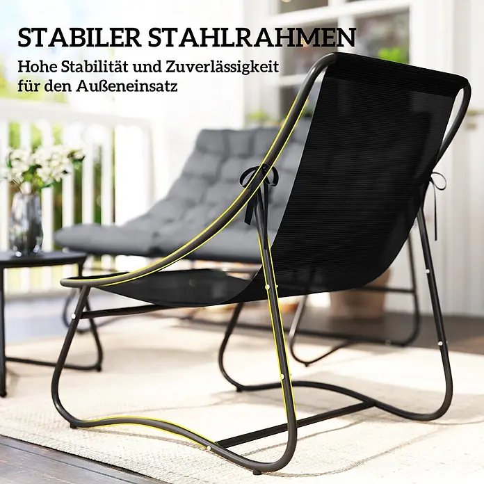 Outsunny Loungemöbel-Set mit Tisch - Stahl, Netzgewebe, Schaumstoff, Metall, 1x Couchtisch, 1x Sofa, 2x Stuhl, 4x Sitz- und Rückenkissen, 1x Handbuch, Grau - Schwarzer Outdoor-Loungesessel mit stabilem Stahlrahmen, der hohe Stabilität und Zuverlässigkeit bietet.