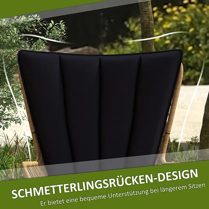 Outsunny Loungemöbel-Set mit Tisch - 3 -tlg., Stahl, PE-Ratten, Polyester, 2x Stuhl, 1x Couchtisch, 2x Sitzkissen, 2x Rückenkissen, 1x Handbuch, Schwarz - Schwarze, vertikal gepolsterte Stuhllehne im Schmetterlingsrücken-Design für bequemes, langes Sitzen im Garten.