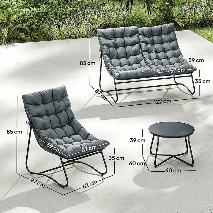 Outsunny Loungemöbel-Set mit Tisch - Stahl, Netzgewebe, Schaumstoff, Metall, 1x Couchtisch, 1x Sofa, 2x Stuhl, 4x Sitz- und Rückenkissen, 1x Handbuch, Grau - Graues Outdoor-Loungeset mit Einzelsessel, Zweiersofa und rundem Tisch mit schwarzen Gestellen, Maße angezeigt.