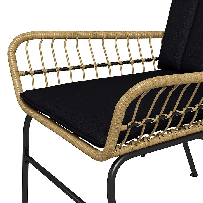 Outsunny Loungemöbel-Set mit Tisch - 3 -tlg., Stahl, PE-Ratten, Polyester, 2x Stuhl, 1x Couchtisch, 2x Sitzkissen, 2x Rückenkissen, 1x Handbuch, Schwarz - Sessel in Rattan-Optik mit schwarzen Kissen und Metallgestell.