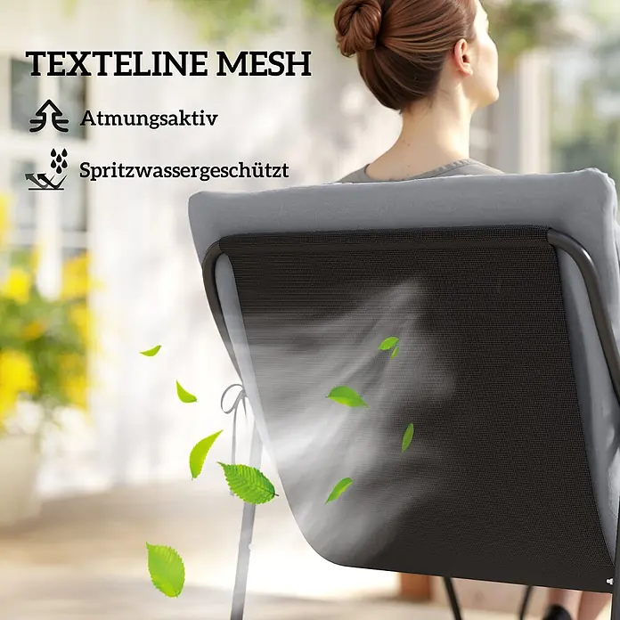 Outsunny Loungemöbel-Set mit Tisch - Stahl, Netzgewebe, Schaumstoff, Metall, 1x Couchtisch, 1x Sofa, 2x Stuhl, 4x Sitz- und Rückenkissen, 1x Handbuch, Grau - Rücken eines grauen Stuhls mit schwarzem Texteline-Gewebe, sitzende Frau, betont atmungsaktive und spritzwassergeschützte Eigenschaften.