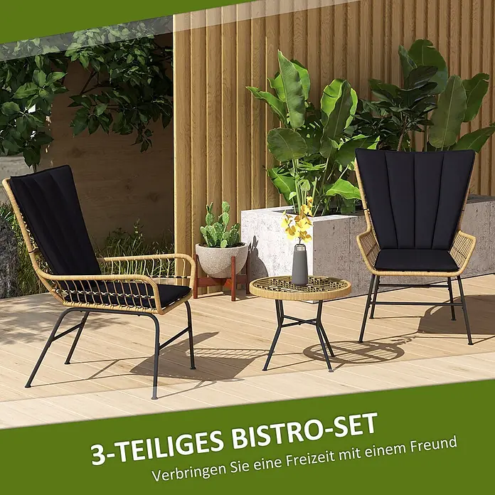 Outsunny Loungemöbel-Set mit Tisch - 3 -tlg., Stahl, PE-Ratten, Polyester, 2x Stuhl, 1x Couchtisch, 2x Sitzkissen, 2x Rückenkissen, 1x Handbuch, Schwarz - Ein 3-teiliges Outdoor-Bistro-Set mit zwei geflochtenen Rattanstühlen, schwarzen Kissen und einem passenden runden Tisch auf einer Holzterrasse.