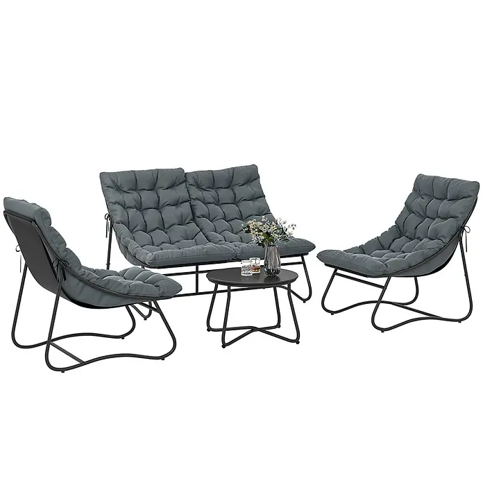 Outsunny Loungemöbel-Set mit Tisch - Stahl, Netzgewebe, Schaumstoff, Metall, 1x Couchtisch, 1x Sofa, 2x Stuhl, 4x Sitz- und Rückenkissen, 1x Handbuch, Grau - Gartenmöbel-Set mit zwei Sesseln, einem Zweisitzer-Sofa und einem runden Couchtisch, alle mit dunkelgrauen gepolsterten Kissen und schwarzen Metallrahmen.