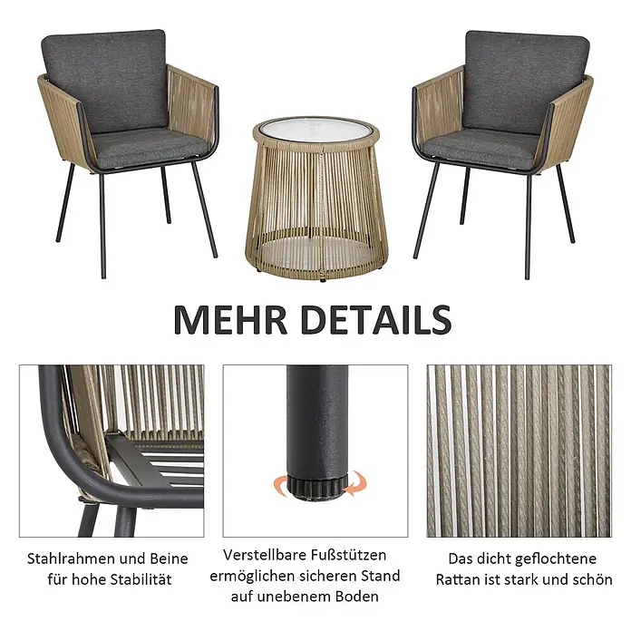 Outsunny Loungemöbel-Set mit Tisch - 3 -tlg., Stahl, PE-Ratten, Polyester, 2x Stuhl, 1x Tisch, 1x Anleitung, Grau - 3-teiliges Terrassenset mit zwei geflochtenen Stühlen, dunklen Kissen und einem runden Glastisch. Stahlrahmen, verstellbare Füße und dicht geflochtenes Rattan.