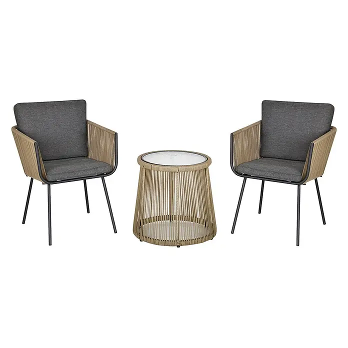 Outsunny Loungemöbel-Set mit Tisch - 3 -tlg., Stahl, PE-Ratten, Polyester, 2x Stuhl, 1x Tisch, 1x Anleitung, Grau - Outdoor-Lounge-Set mit zwei Stühlen und einem runden Beistelltisch, mit dunkelgrauen Polstern und beigem Seilgeflecht auf schwarzen Gestellen.