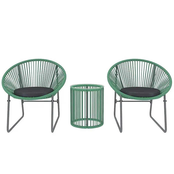 Outsunny Loungemöbel-Set mit Tisch - Stahl, PE-Rattan, Polyester, gehärtetes Glas, 1x Tisch, 2x Stuhl, 2x Sitzkissen, 1x Handbuch, Grün - Grüne Outdoor-Sitzgruppe aus geflochtenem Material mit zwei runden Stühlen, grauen Kissen und passendem runden Glastisch.