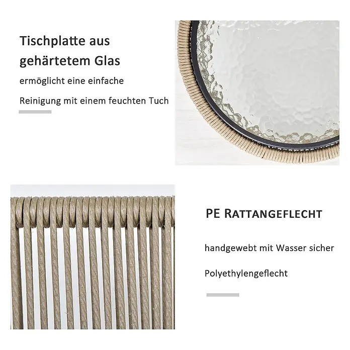 Outsunny Loungemöbel-Set mit Tisch - 3 -tlg., Stahl, PE-Ratten, Polyester, 2x Stuhl, 1x Tisch, 1x Anleitung, Grau - Strukturierte Tischplatte aus gehärtetem Glas mit geflochtenem Rand und handgewebtem PE-Rattangeflecht.