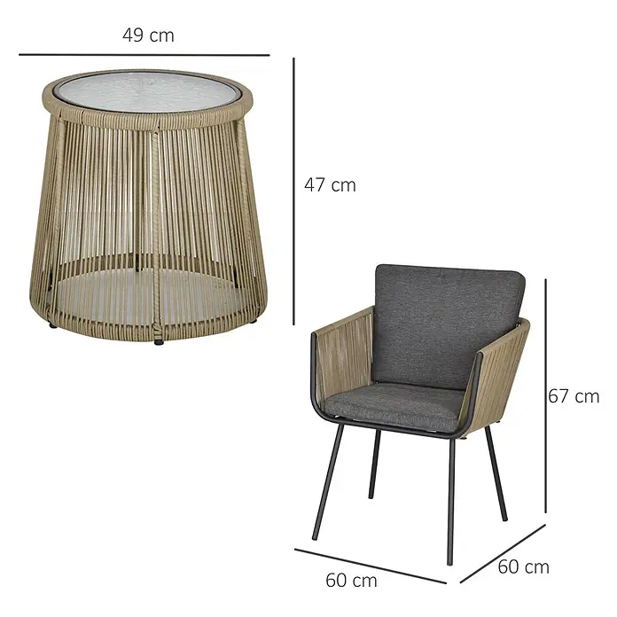 Outsunny Loungemöbel-Set mit Tisch - 3 -tlg., Stahl, PE-Ratten, Polyester, 2x Stuhl, 1x Tisch, 1x Anleitung, Grau - Gartenmöbel-Set mit rundem Tisch und Sessel, aus geflochtenem beigen Seil und dunklen Kissen.