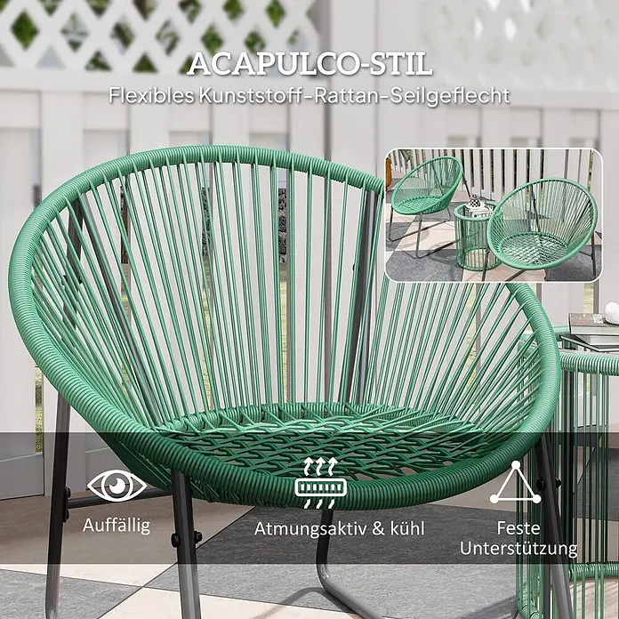 Outsunny Loungemöbel-Set mit Tisch - Stahl, PE-Rattan, Polyester, gehärtetes Glas, 1x Tisch, 2x Stuhl, 2x Sitzkissen, 1x Handbuch, Grün - Grüner Acapulco-Stil Stuhl aus flexiblem Kunststoff-Rattan-Seilgeflecht, mit einer Einblendung eines passenden Zwei-Stuhl- und Tisch-Sets.