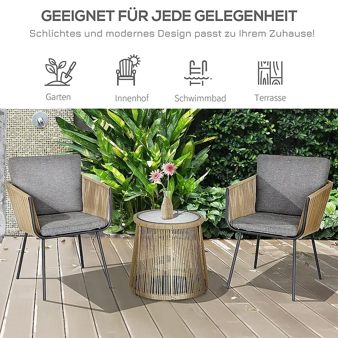 Outsunny Loungemöbel-Set mit Tisch - 3 -tlg., Stahl, PE-Ratten, Polyester, 2x Stuhl, 1x Tisch, 1x Anleitung, Grau - Modernes Outdoor-Loungeset mit 2 Stühlen und rundem Tisch. Beige geflochtene Elemente, schwarze Gestelle, graue Kissen, ideal für Garten oder Terrasse.