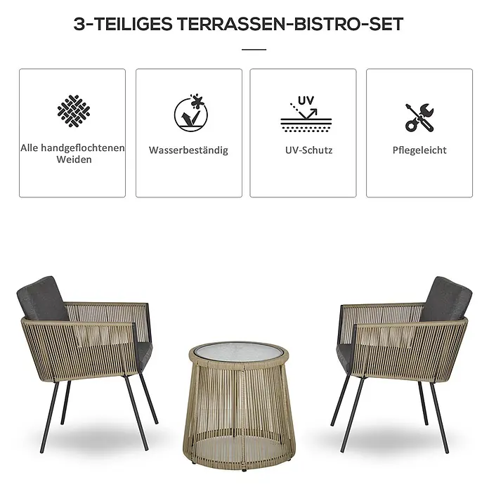 Outsunny Loungemöbel-Set mit Tisch - 3 -tlg., Stahl, PE-Ratten, Polyester, 2x Stuhl, 1x Tisch, 1x Anleitung, Grau - 3-teiliges Terrassen-Bistro-Set: zwei Stühle mit geflochtenen Seilrahmen, grauen Kissen und einem runden Seiltisch mit Glasplatte.