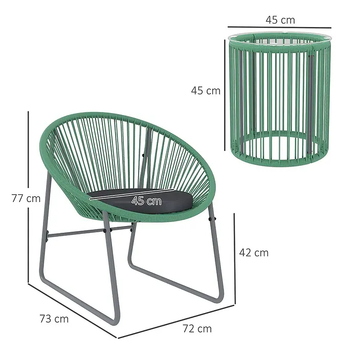 Outsunny Loungemöbel-Set mit Tisch - Stahl, PE-Rattan, Polyester, gehärtetes Glas, 1x Tisch, 2x Stuhl, 2x Sitzkissen, 1x Handbuch, Grün - Grüner Korbstuhl mit grauem Kissen und passendem Beistelltisch, graues Metallgestell.