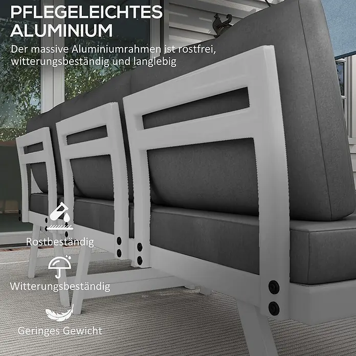 Outsunny Loungemöbel-Set mit Tisch - Polyester, Aluminium, Schaumstoff, 2x Loveseat, 1x Ecksofa, 1x Couchtisch, 5x Sitzkissen, 6x Rückenkissen, 1x Anleitung, Grau - Weißes Aluminium-Gartensofa mit dunkelgrauen Polstern. Sein rostfreies, wetterbeständiges Gestell ist zudem leicht.