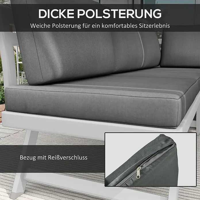 Outsunny Loungemöbel-Set mit Tisch - Polyester, Aluminium, Schaumstoff, 2x Loveseat, 1x Ecksofa, 1x Couchtisch, 5x Sitzkissen, 6x Rückenkissen, 1x Anleitung, Grau - Dicke graue Outdoor-Polsterauflagen mit Reißverschluss für hohen Sitzkomfort.