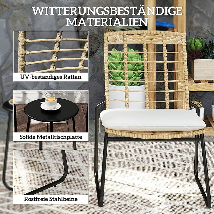 Outsunny Loungemöbel-Set mit Tisch - Stahl, Rattan, Metall, Polyester, PE-Rattan, Schaumstoff, 1x Tisch, 2x Stuhl, 2x Sitzkissen, 1x Handbuch, Beige - Witterungsbeständige Outdoor-Sitzgruppe mit Rattansessel, weißem Kissen, schwarzem Metalltisch und Edelstahlbeinen.