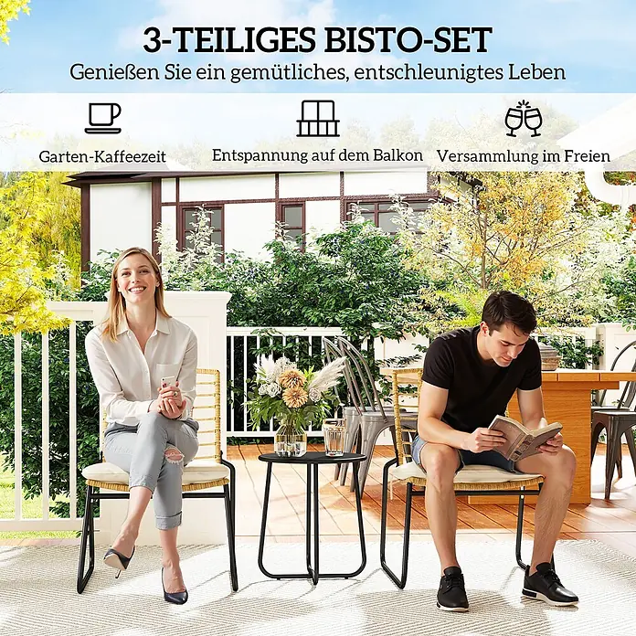 Outsunny Loungemöbel-Set mit Tisch - Stahl, Rattan, Metall, Polyester, PE-Rattan, Schaumstoff, 1x Tisch, 2x Stuhl, 2x Sitzkissen, 1x Handbuch, Beige - Ein 3-teiliges Bistrotisch-Set mit zwei Stühlen und einem runden Tisch, genutzt von Personen, die ihre Garten-Kaffeezeit genießen.