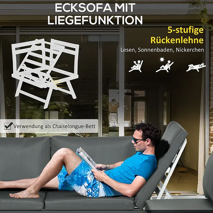 Outsunny Loungemöbel-Set mit Tisch - Polyester, Aluminium, Schaumstoff, 2x Loveseat, 1x Ecksofa, 1x Couchtisch, 5x Sitzkissen, 6x Rückenkissen, 1x Anleitung, Grau - Dunkelgraues Ecksofa mit verstellbarer Rückenlehne wird von einem Mann als Chaiselongue benutzt.