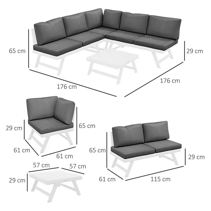 Outsunny Loungemöbel-Set mit Tisch - Polyester, Aluminium, Schaumstoff, 2x Loveseat, 1x Ecksofa, 1x Couchtisch, 5x Sitzkissen, 6x Rückenkissen, 1x Anleitung, Grau - Weißes modulares Gartenlounge-Set mit grauen Kissen und passendem Couchtisch, inklusive Maße.
