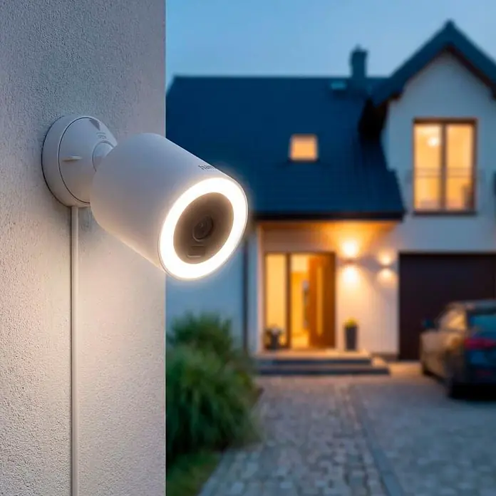 Hama Überwachungskamera 00176670 mit Licht u. Bewegungsmelder smart -  - Weiße Überwachungskamera mit leuchtendem LED-Ring an einer Wand, die ein Haus und eine Einfahrt bei Dämmerung überblickt.
