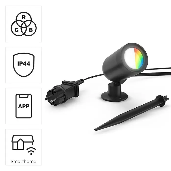 Hama LED-Gartenstrahler WLAN Gartenstecker - Schwarz - Schwarzer smarter Gartenstrahler mit Regenbogenlicht, europäischem Stecker und Erdspieß, mit RGB-, IP44-, App- und Smarthome-Funktionen.