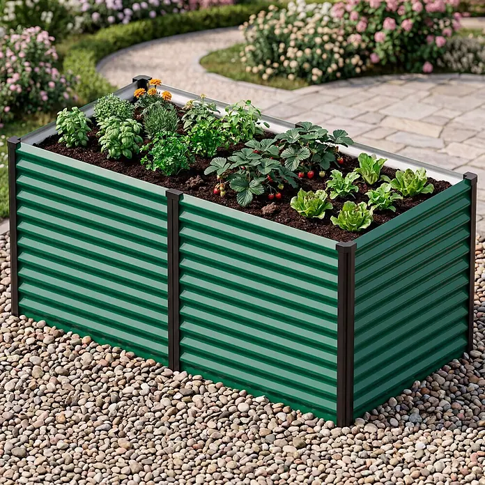 Vitavia Hochbeet Meta 858 - 187,7 x 96,2 x 85,8 cm, Zincalume®, Seegras/Schwarz - Langes grünes Hochbeet aus Wellblech mit Erdbeeren, Salat und Kräutern, auf Kieselsteinen in einem Garten.