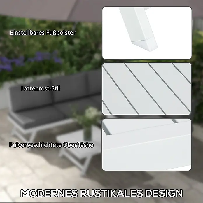Outsunny Loungemöbel-Set mit Tisch - Polyester, Aluminium, Schaumstoff, 2x Loveseat, 1x Ecksofa, 1x Couchtisch, 5x Sitzkissen, 6x Rückenkissen, 1x Anleitung, Grau - Weißes Outdoor-Loungeset mit dunklen Kissen, mit verstellbaren Füßen, Lattenrost-Design und pulverbeschichteter Oberfläche.