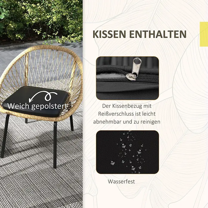 Outsunny Loungemöbel-Set mit Tisch - 3 -tlg., Legierter Stahl, PE-Rattan, Polyester, 2x Stuhl, 1x Tisch, 2x Sitzkissen, 1x Handbuch, Gelb - Rattan-Stuhl mit schwarzem, weich gepolstertem und wasserfestem Kissen. Bezug mit Reißverschluss abnehmbar und waschbar.