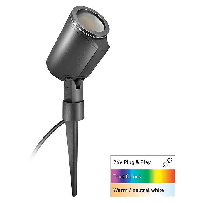 Steinel LED-Gartenstrahler C Spot 24V Garten Lichtsystem - 363 lm, 1.800 K - 4.000 K, IP65 - Dunkelgrauer, verstellbarer Gartenstrahler mit Erdspieß. Beschriftung: 24V Plug & Play, True Colors, Warm/Neutralweiß.