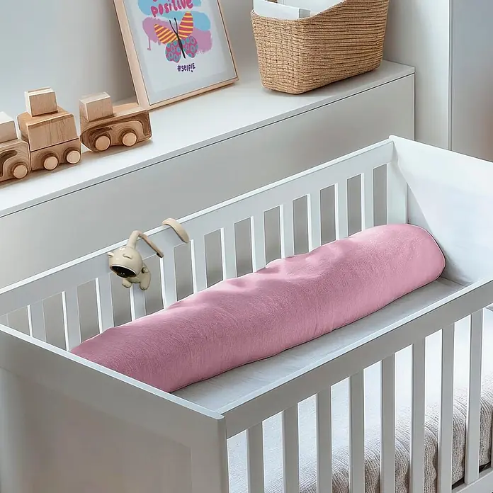 Hama Überwachungskamera 00176673 WLAN mit Kamera -  - Langes, rosafarbenes, strukturiertes Kinderbett-Stoßpolster in einem weißen Babybett.