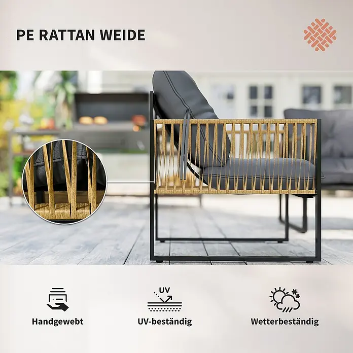 Outsunny Loungemöbel-Set - 4 -tlg., PE-Rattan, Polyester, 2x Stuhl, 1x Sofa, 1x Tisch, 3x Sitzkissen, Dunkelgrau - Outdoor-Loungesessel mit schwarzem Gestell, handgewebtem PE-Rattan und grauen Kissen. UV- und wetterbeständig.