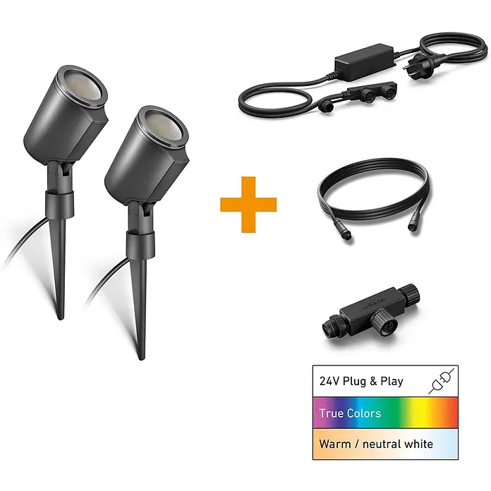Steinel LED-Gartenspot-Set 24V Garten-Lichtsystems - RGBW, IP65, Höhe: 36,9 cm - Set mit zwei dunkelgrauen Gartenstrahlern, 24V Netzteil mit EU-Stecker, Anschlusskabel und T-Verbinder für Außenbeleuchtung.