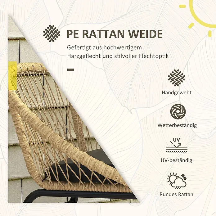 Outsunny Loungemöbel-Set mit Tisch - 3 -tlg., Legierter Stahl, PE-Rattan, Polyester, 2x Stuhl, 1x Tisch, 2x Sitzkissen, 1x Handbuch, Gelb - Nahaufnahme eines PE-Rattanstuhls in Naturfarbe mit schwarzem Kissen, handgewebt, wetter- und UV-beständig.