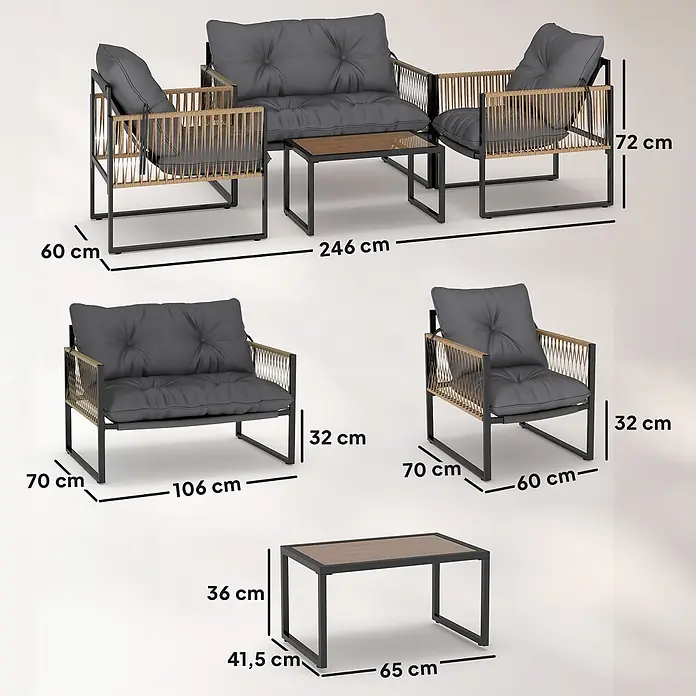 Outsunny Loungemöbel-Set - 4 -tlg., PE-Rattan, Polyester, 2x Stuhl, 1x Sofa, 1x Tisch, 3x Sitzkissen, Dunkelgrau - Gartenlounge-Set mit schwarzen Metallrahmen, naturfarbenen Flechtdetails, dunkelgrauen Kissen und Couchtisch mit Holzplatte.