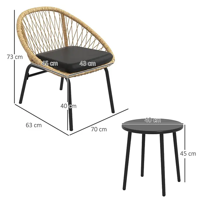 Outsunny Loungemöbel-Set mit Tisch - 3 -tlg., Legierter Stahl, PE-Rattan, Polyester, 2x Stuhl, 1x Tisch, 2x Sitzkissen, 1x Handbuch, Gelb - Korbstuhl mit schwarzem Kissen und Metallbeinen sowie ein kleiner schwarzer Rundtisch, beide mit Maßen.