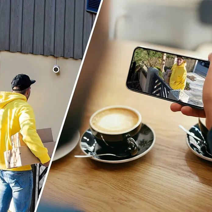 Hama Überwachungskamera 00176670 mit Licht u. Bewegungsmelder smart -  - Weiße Sicherheitskamera überwacht Paketlieferung, Ansicht auf Smartphone neben Kaffeetassen.