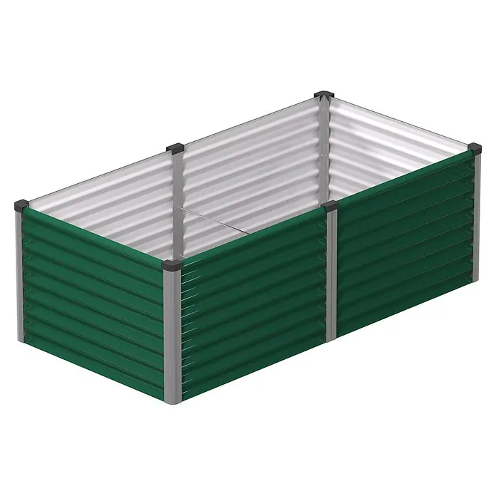 Vitavia Hochbeet Meta 630 - 187,7 x 96,2 x 63 cm, Zincalume®, Seegras/Alu - Rechteckiges Hochbeet aus grünem und silbernem Wellblech mit dunklen Eck- und Seitenverbindern.