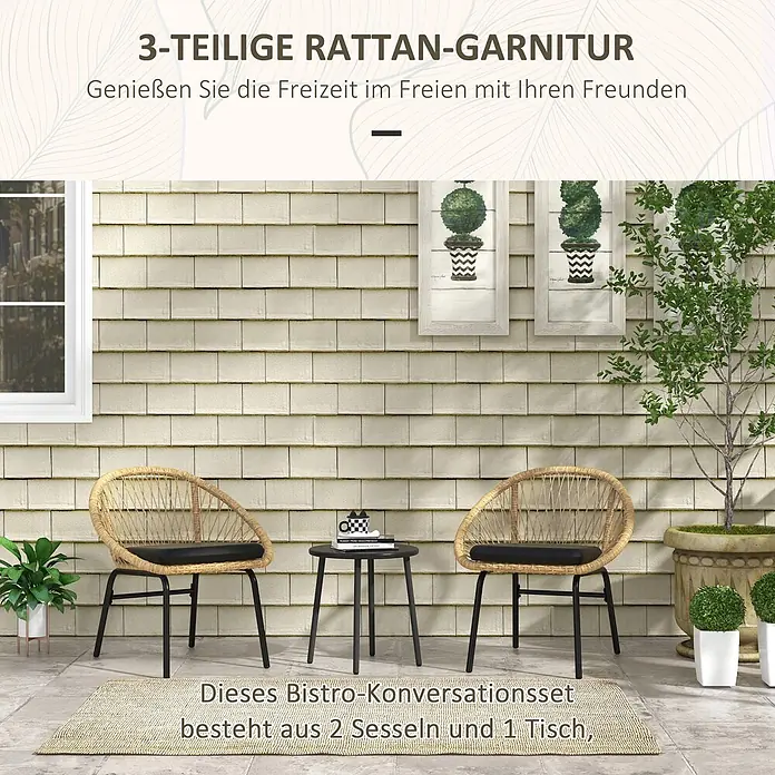 Outsunny Loungemöbel-Set mit Tisch - 3 -tlg., Legierter Stahl, PE-Rattan, Polyester, 2x Stuhl, 1x Tisch, 2x Sitzkissen, 1x Handbuch, Gelb - Eine 3-teilige Rattan-Bistro-Garnitur mit zwei Stühlen und einem runden Tisch für den Außenbereich.
